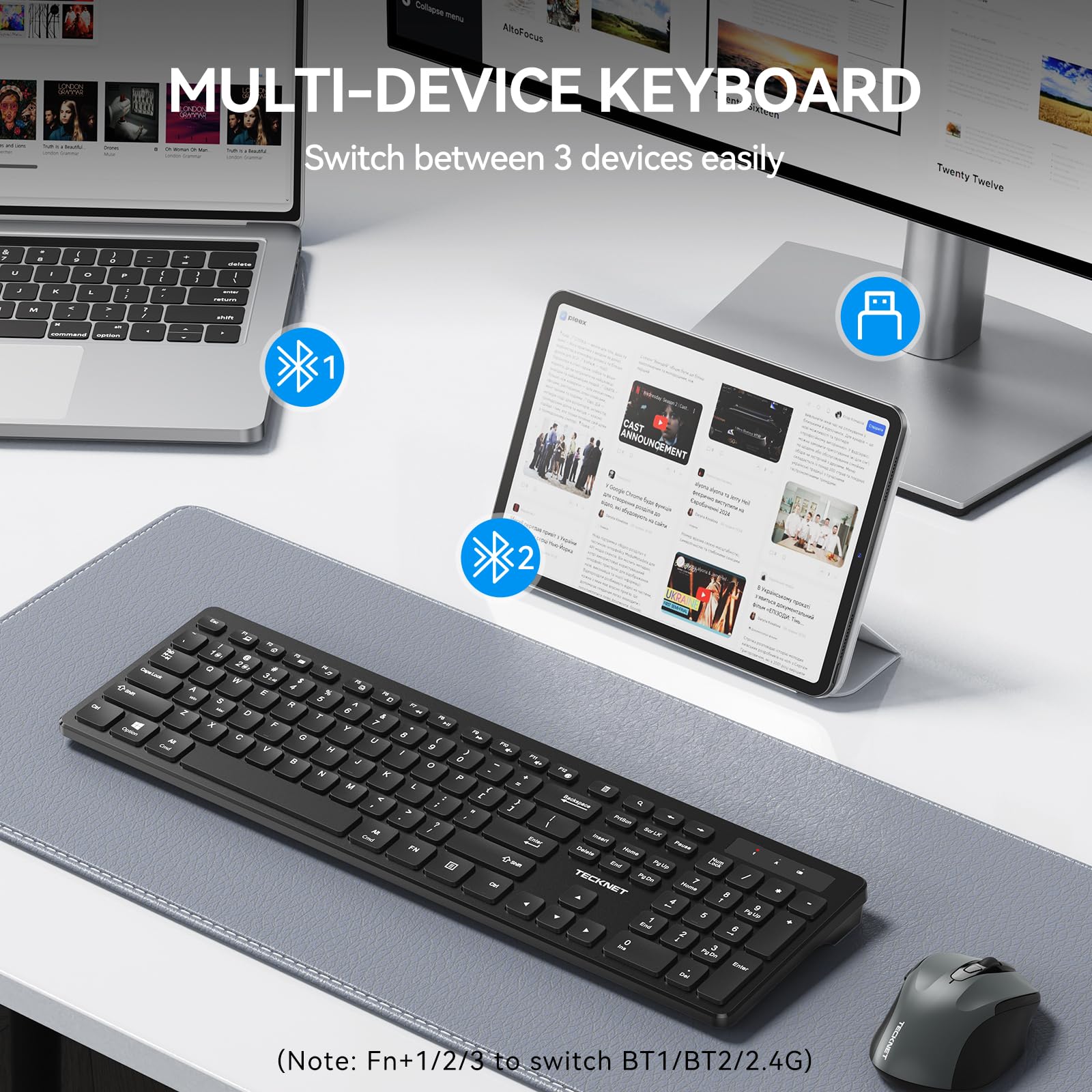 TECKNET Wireless Keyboards, Support 2.4G USB and Bluetooth - Full Size Computer Keyboards with Number Pad, Multi Device for PC, Desktop, Laptop, Tablet, 105 Days Standby Time, Black — view 2