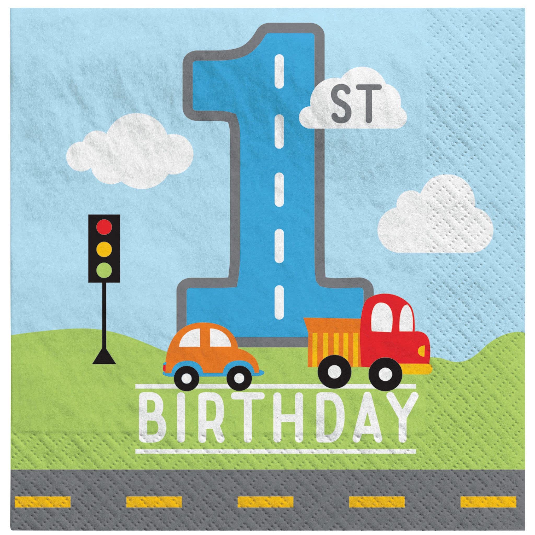 Amscan 502636 Tovaglioli On the Road 1st Birthday - 13 cm x 13c m | Multicolore | 16 Pcs. Tovaglioli