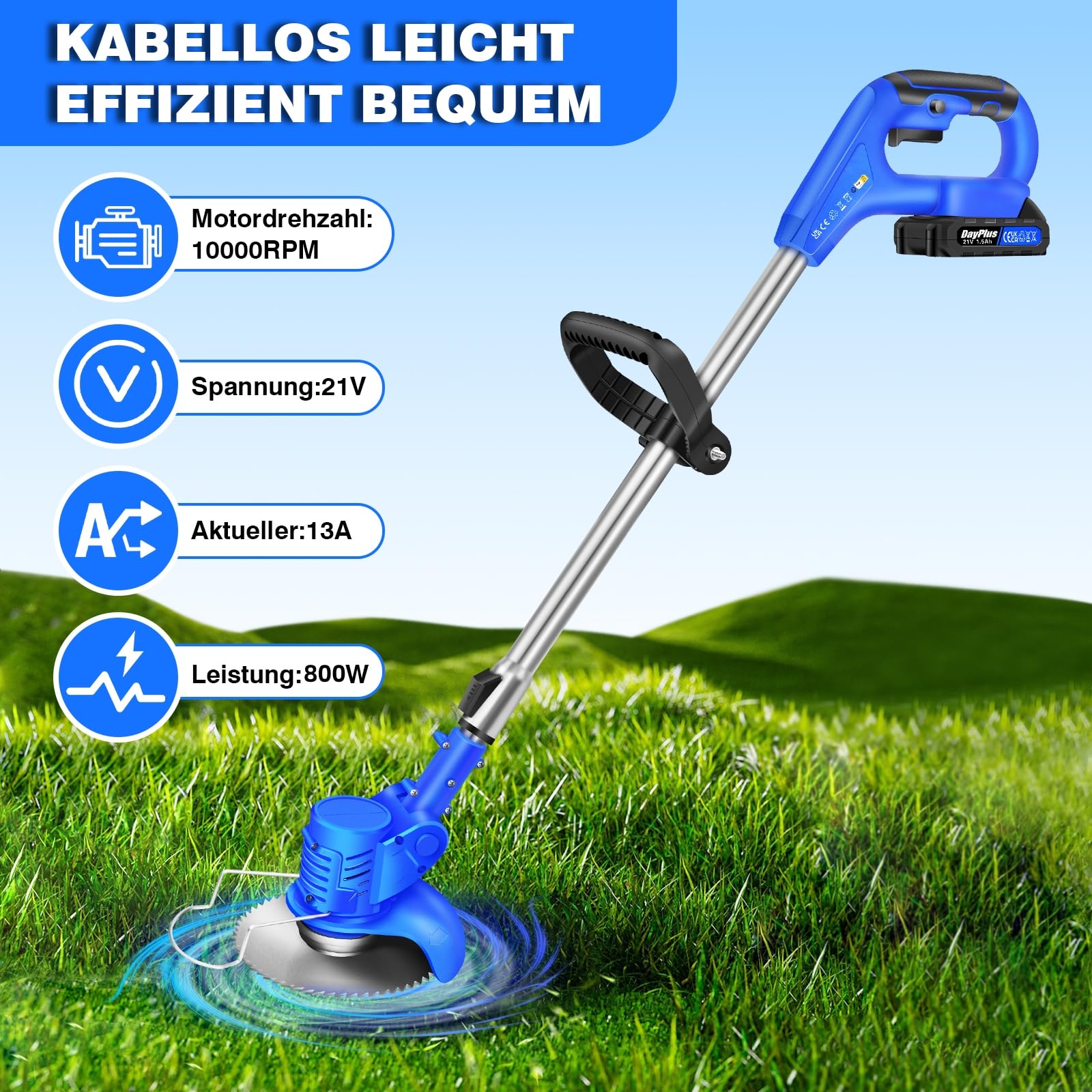 Qimu Desbrozadora eléctrica con batería de 21 V, con batería, desbrozadora eléctrica, con batería, desbrozadora con 2 baterías y cuchillo de metal, desbrozadora de bordes de jardín para cortar césped,