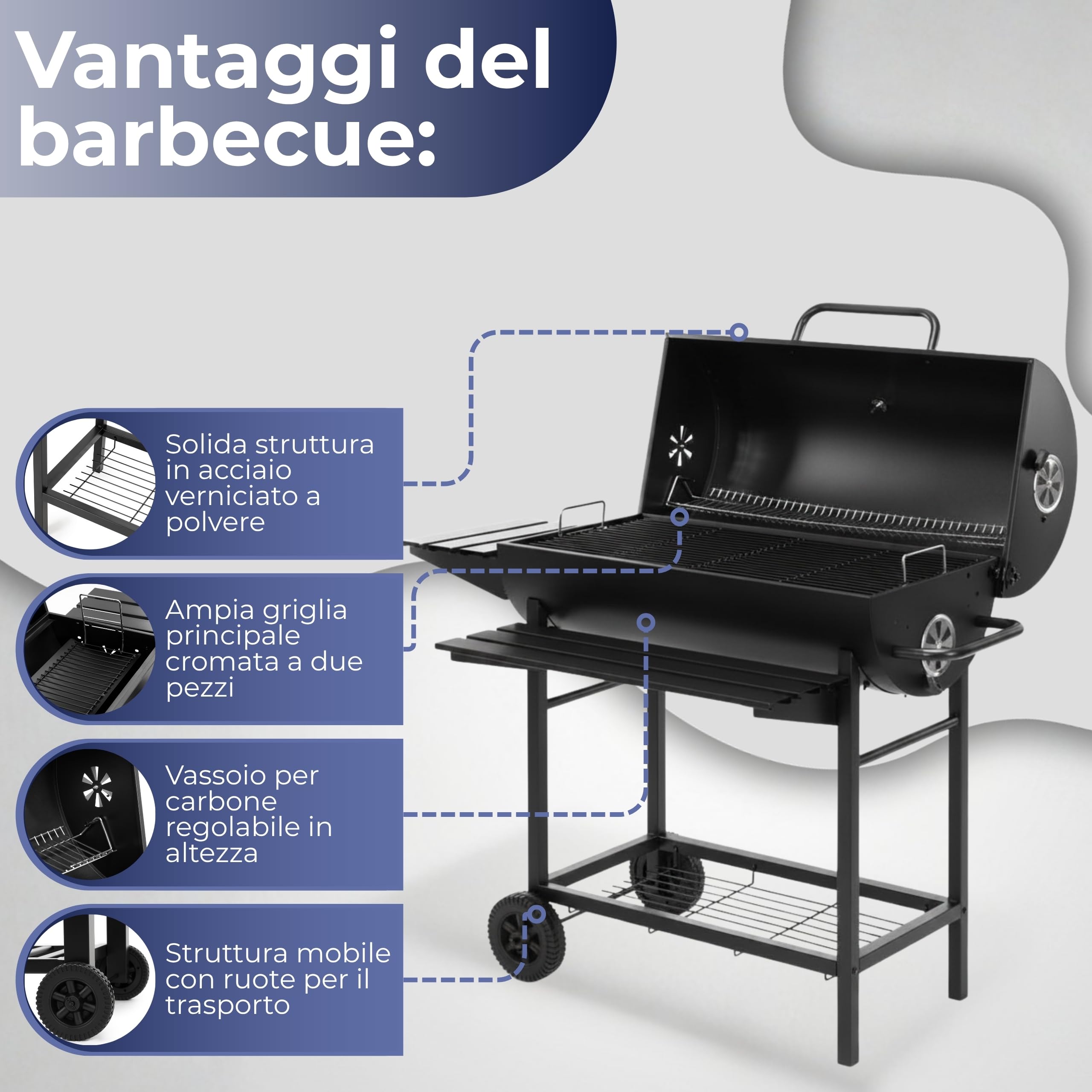 Springos Barbecue a carbonella con ruote, vassoio per carbone regolabile in altezza, termometro, griglia scaldavivande, ripiani laterali, barbecue da giardino, per terrazza, campeggio, balcone