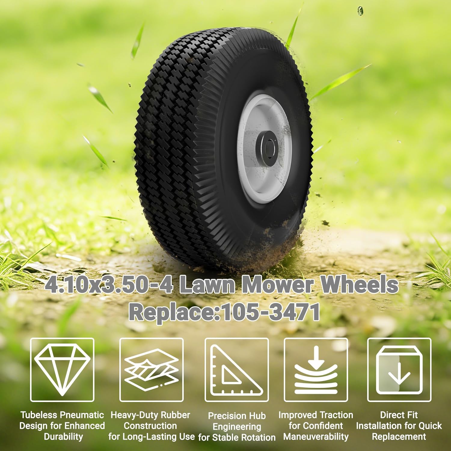 105-3471 Front Wheel & Tire Assembly 4.10x3.50-4, Compatible with Toro TimeCutter & Exmark Quest Z-Turn Lawn Mowers, 3/4" Bore, 4-1/4" Hub with Grease Fitting, Heavy-Duty Replacement Wheels (2 Pack)