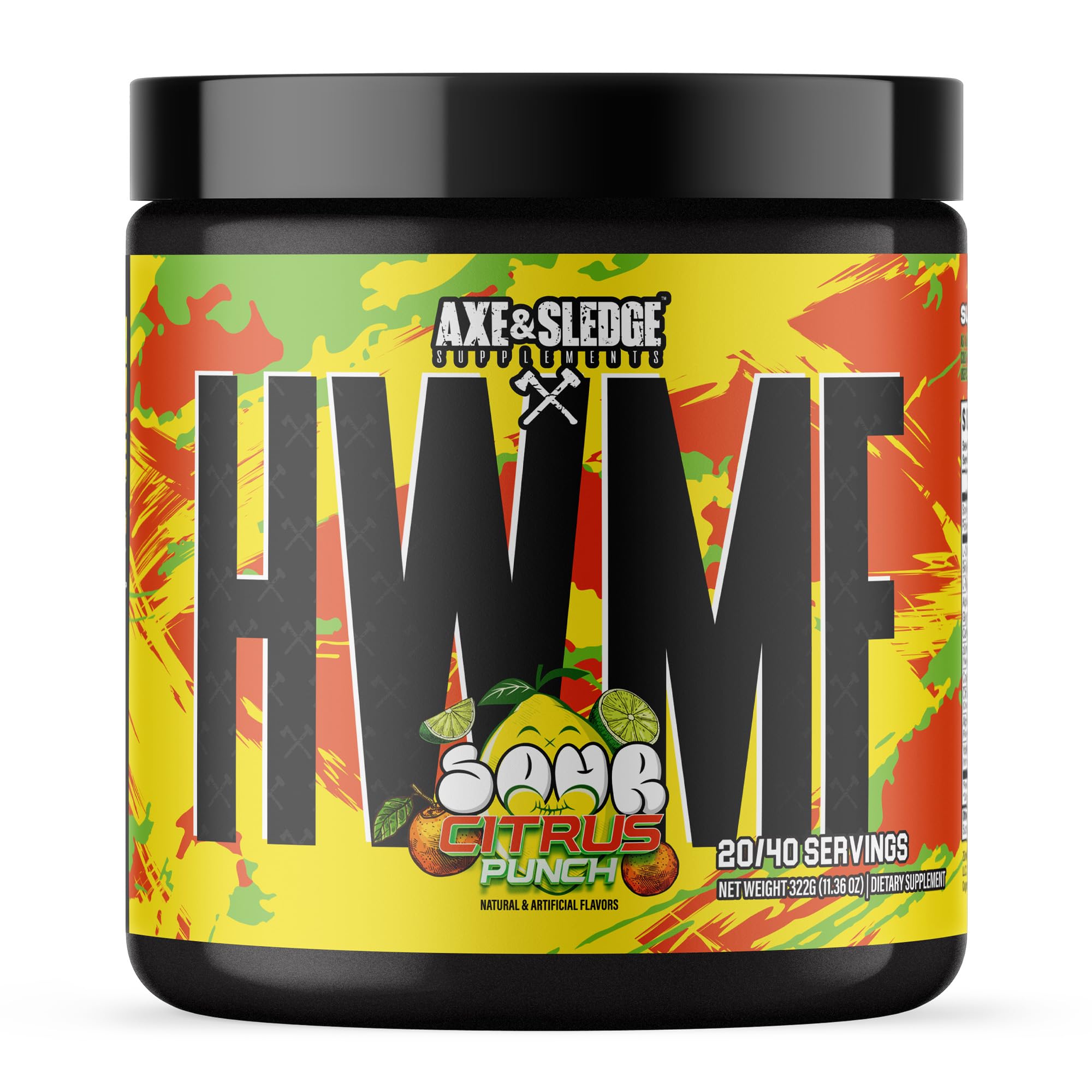 Axe & Sledge Pré-treino em pó com cafeína 400 mg, citrulina, beta-alanina e Alpha-GPC, sabor Sour Citrus Punch, 20/40 porções