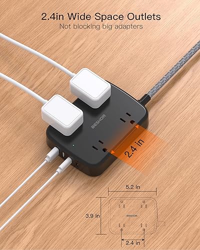 Miniatura 8 de Cable de extensión de 15 pies, regleta de alimentación larga con 2 USB C, tira de alimentación de enchufe plano, 4 salidas y 4 puertos de carga USB,