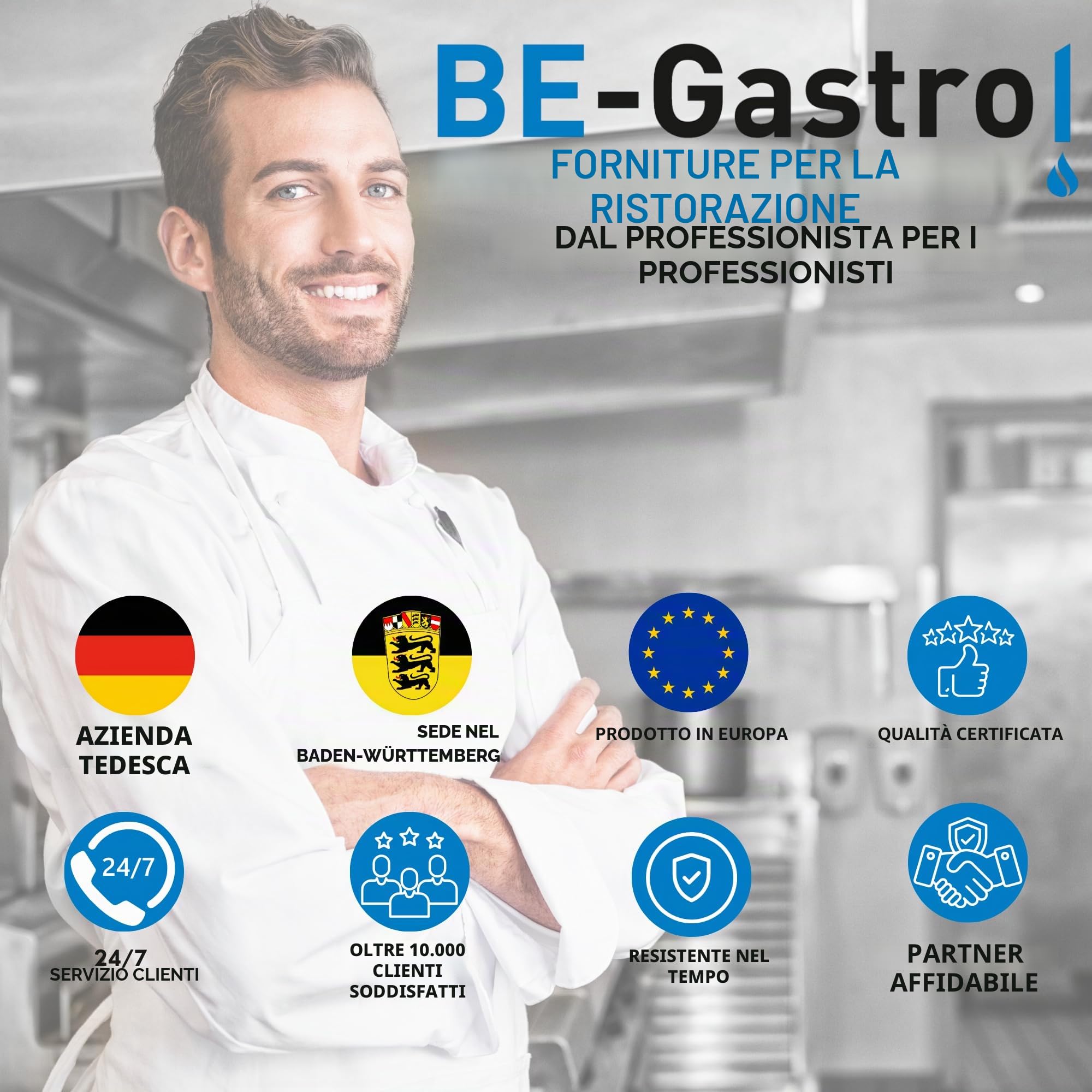 BE-GASTRO | Rubinetto professionale set di prelavaggio stoviglie per cucine di ristoranti Gruppo doccia con miscelatore monoforo, monocomando multigiro e Rubinetteria