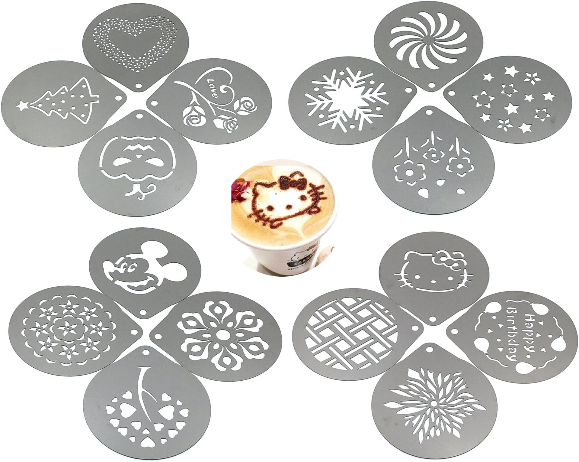 Lofekea Barista Coffee Stencils, 16PCS Stainless Steel Coffee Decorating Stencils Template for Latte Cappuccino, Cupcake Cookie Stencils