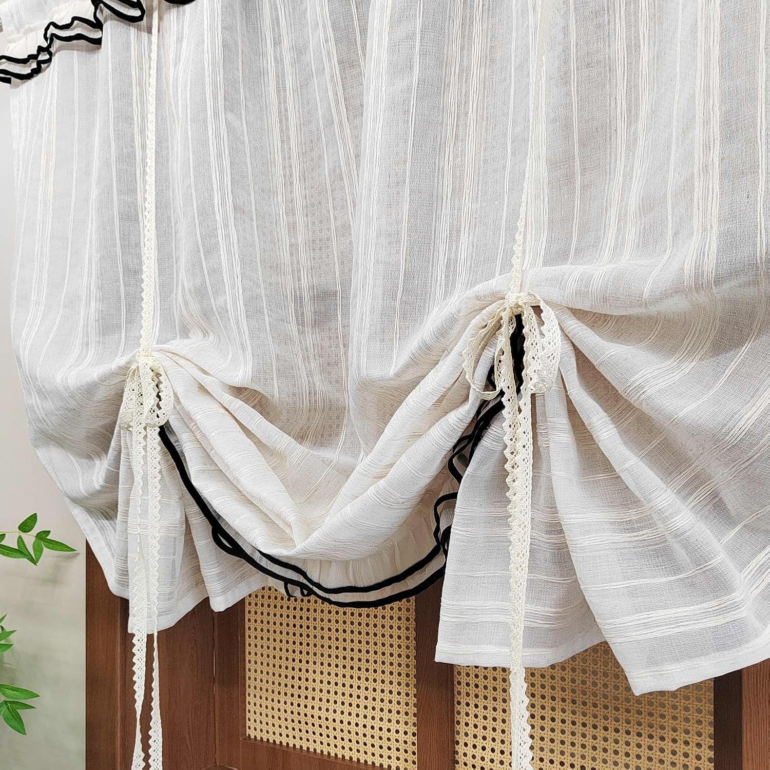 Beige Striped Linen Sheer Balloon Tie Up Curtain Valance for Window