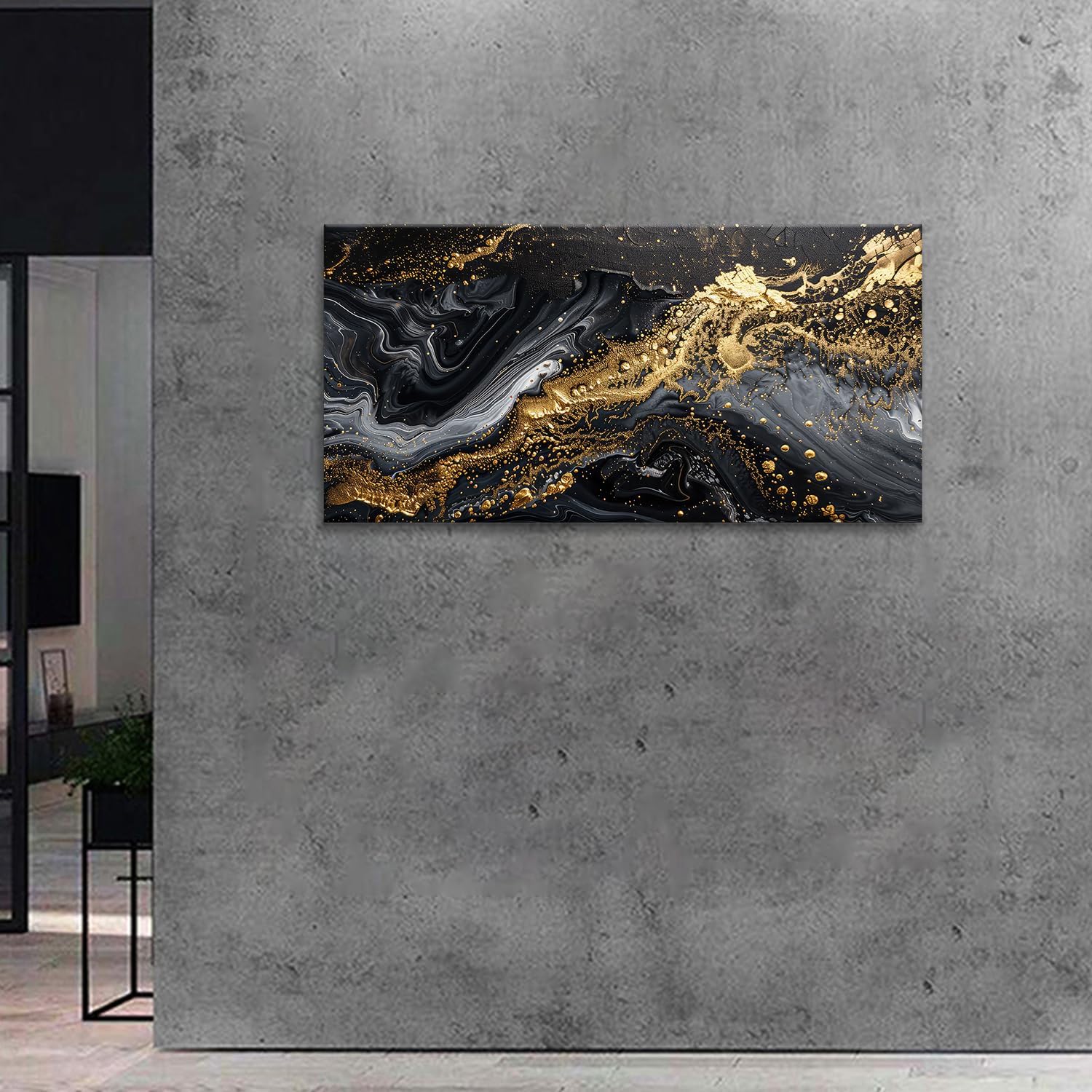 Extra Large Black and Gold Marble Wall Art Golden Swirl Abstract Oil Painting Luxurious Canvas Print Picture Office Home Decor for Living Room Bedroom