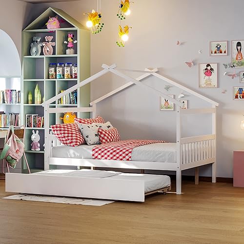 Miniatura 1 de Merax Cama de madera de tamaño matrimonial con nido, marco de cama de madera con techo para niños, adolescentes, niños o niñas, color blanco