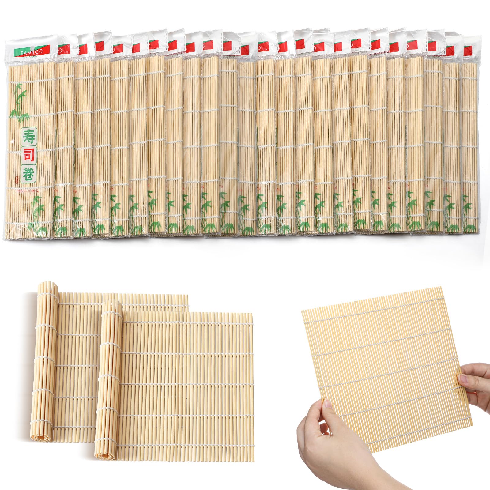 Tapis à sushis carrés en bambou Hoolerry de 24 cm pour cuisine et fêtes - Lot de 48