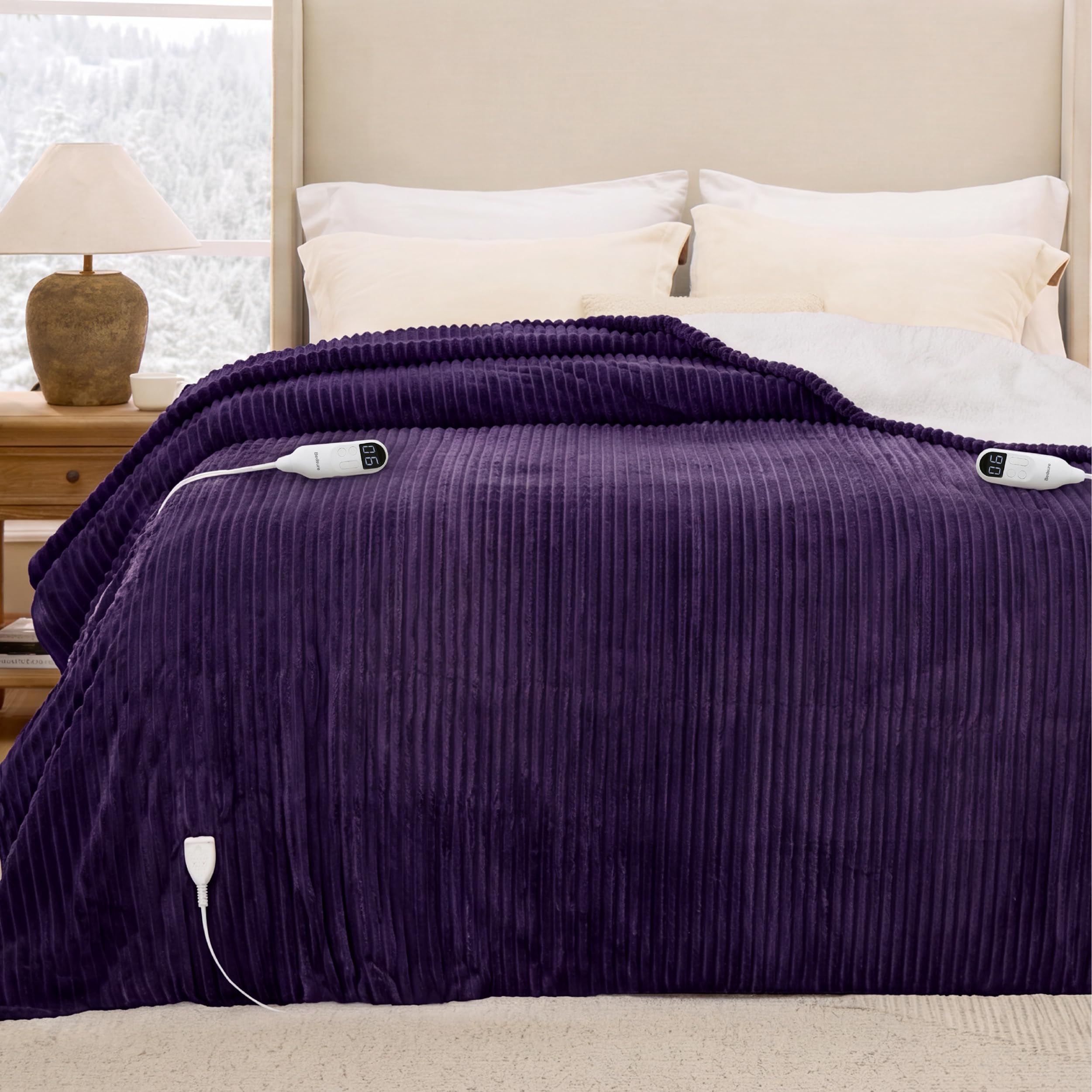 Bedsure Ribbed Electric Blanket King, Purple Heated Blanket, Preheat