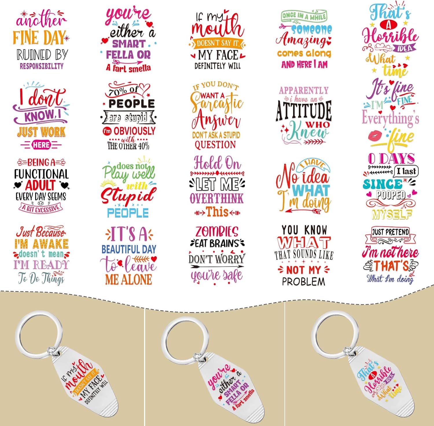 Sarcastic UV DTF Wrap Stickers - 80 Sheets Funny UVDTF Decals for Motel Keychain, Humorous Rub on Transfer Stickers, DIY Hotel Keychain Blank Personalized Crafts