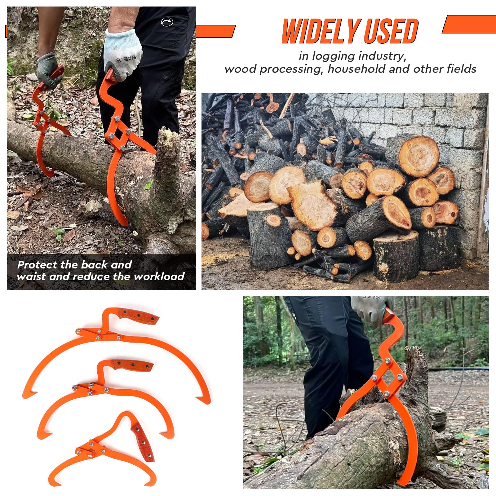 SWAWIS Pince Forestière pour Troncs en Acier Allié, Bûches Jusqu'à 20''(50.8cm), Capacité de Chargement 300Kg, pour Industrie Forestière, Transformation du Bois, Transport de Bois à Domicile(Orange)