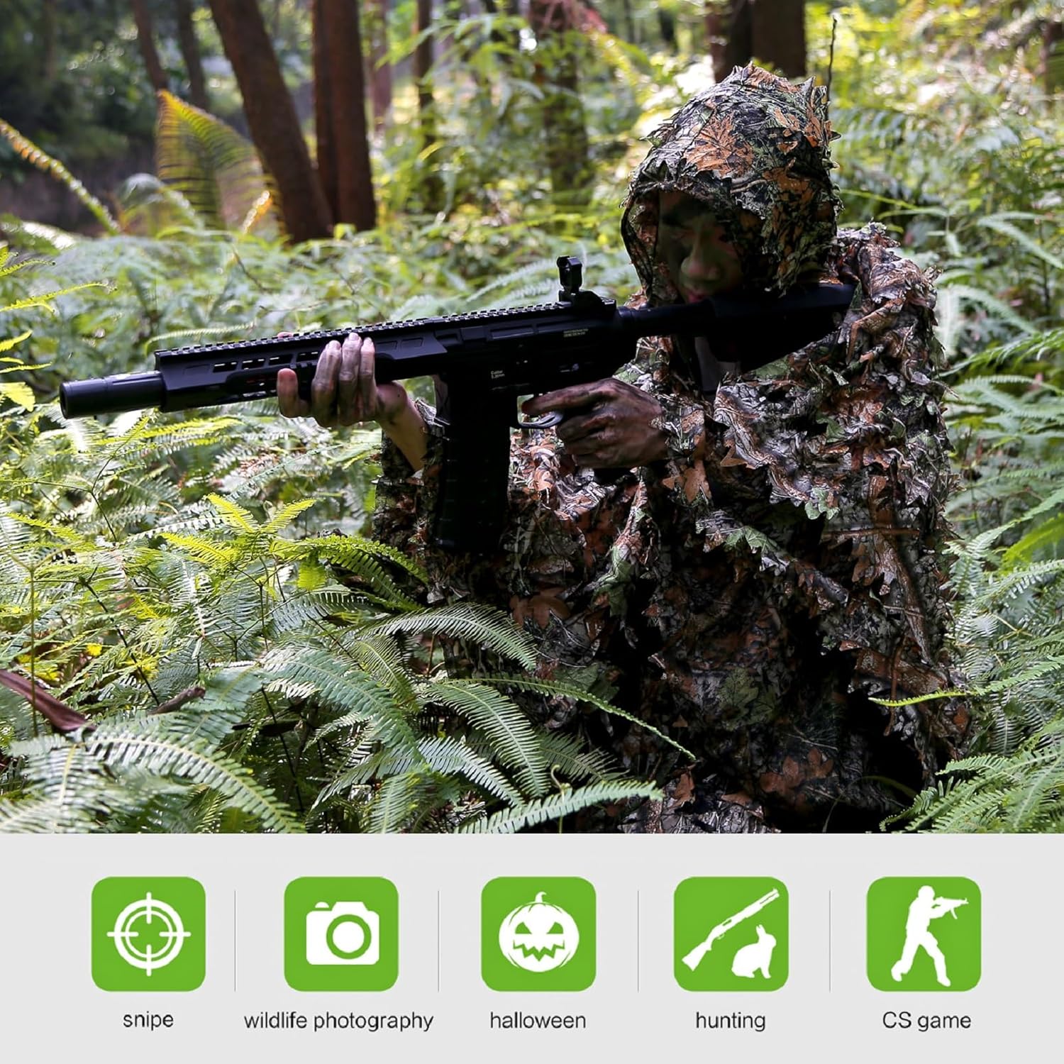 Zicac Outdoor Ghillie Suit 3d Leafy Camo Poncho for Men Hunting Bird Watch Military CS Woodland Hoodie Camouflage Cloak - Image 2