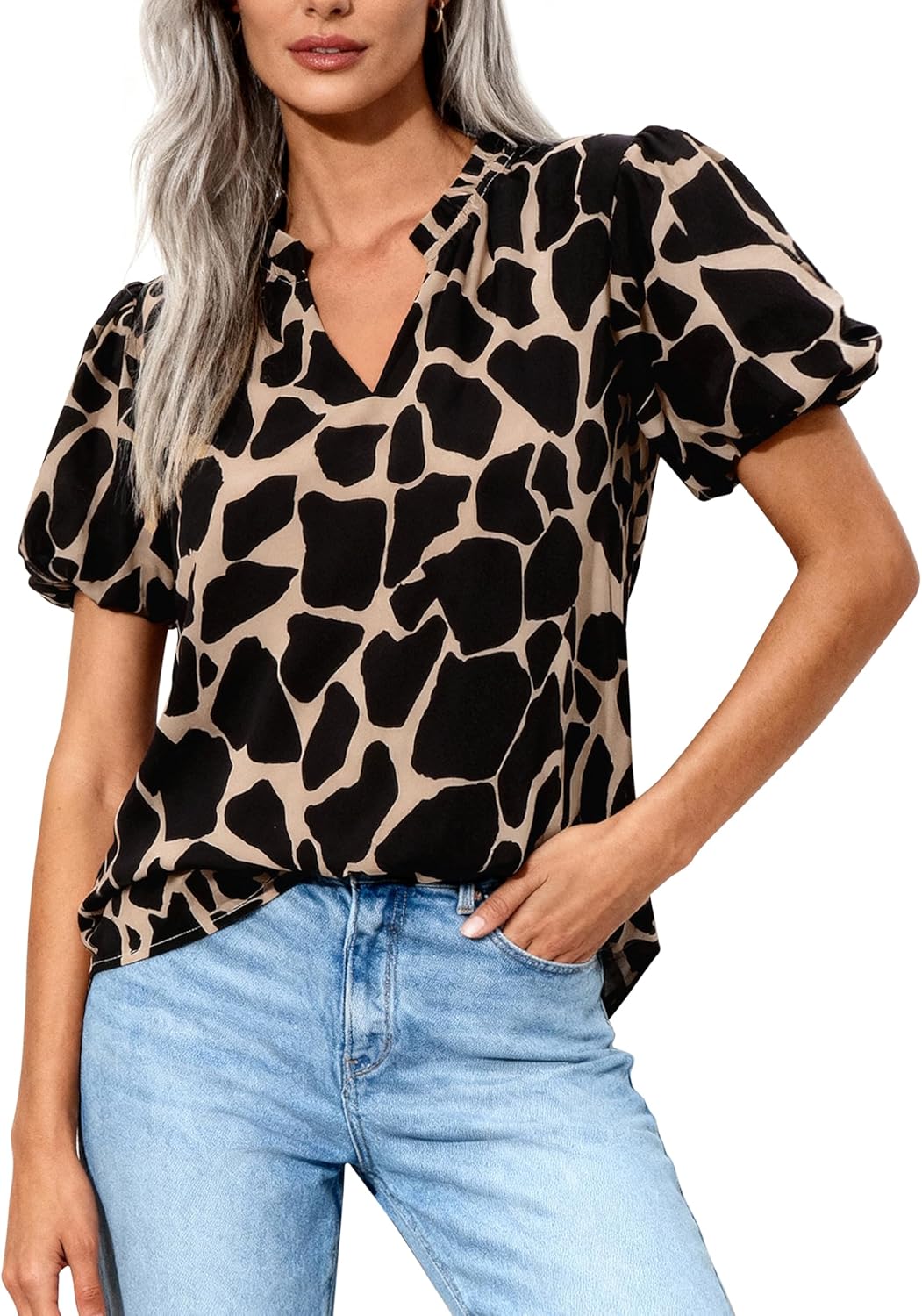 MASCOMODA Boho Short Sleeve Floral Work Blouses for Women Dressy Casual V Neck Puff Sleeve Loose Chiffon Flowy Tops Shirts - Image 3