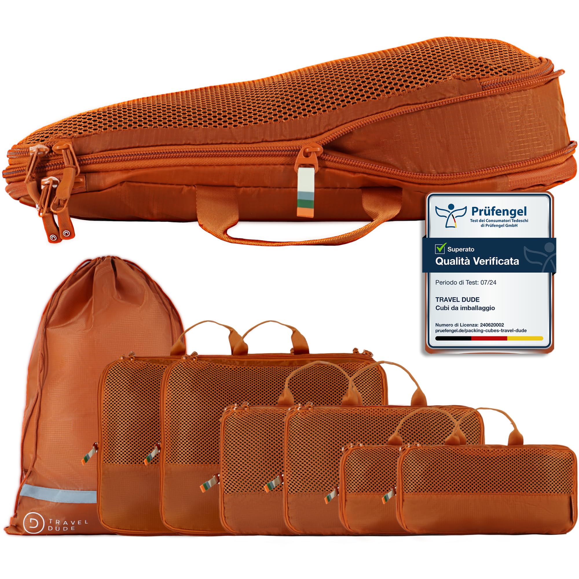 TRAVEL DUDE Organizer Valigia con Compressione – Packing Cubes Salvaspazio da Viaggio, Set Organizer per Valigia e Zaino, Divisori Valigia, Sacchetti da Viaggio per Abiti (Arancione, Set di 7
