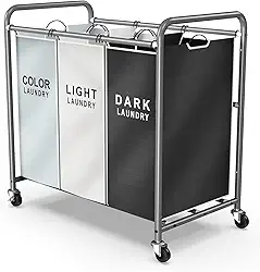 ROMOON Organizador de roupas 3 seções, cesto de roupa separado com rodas, cesto de roupa suja com rodinhas com grande capacidade e sacos removíveis, cesto de roupas dividido para lavanderia familiar
