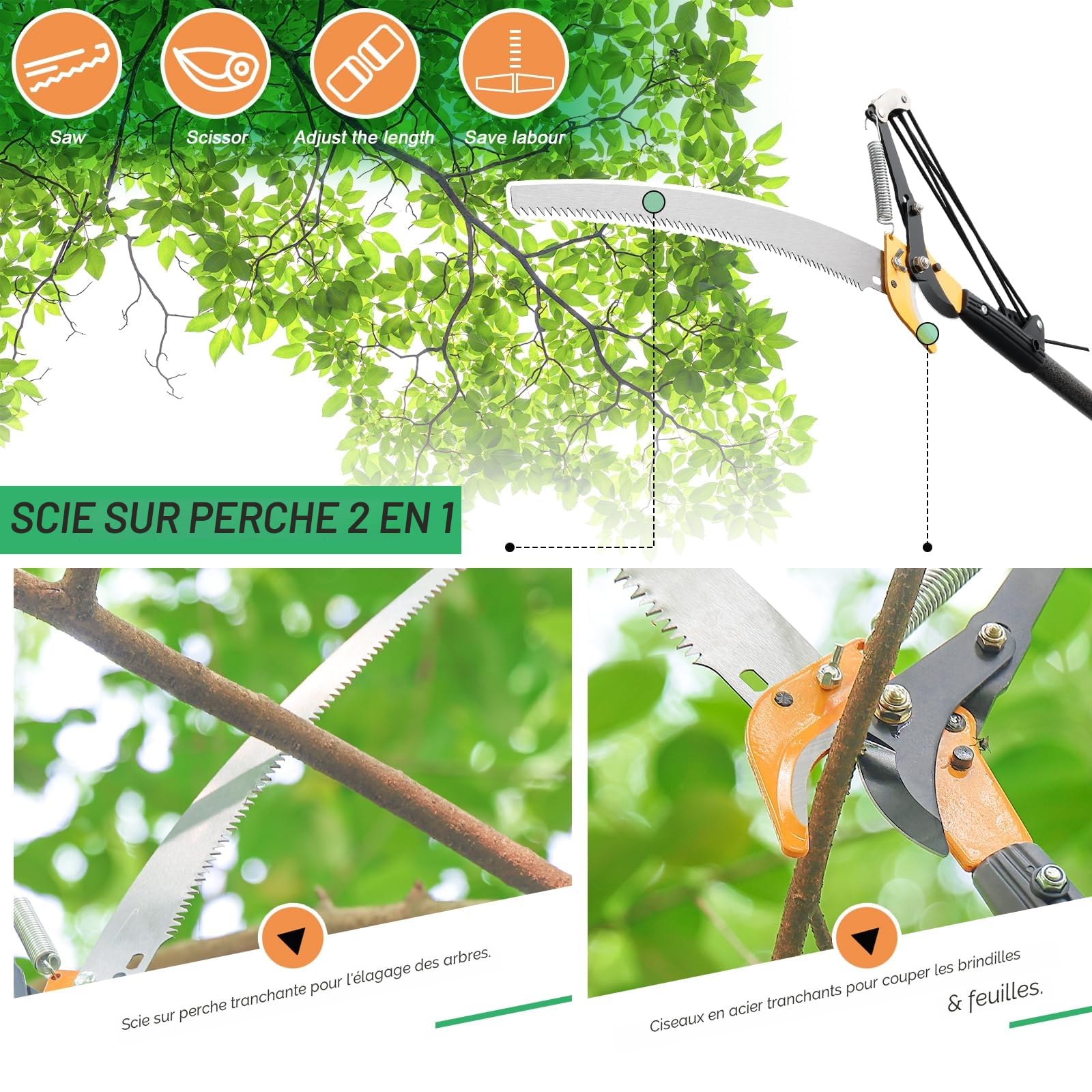 Scie à perche extensible pour l'élagage des arbres, sécateur manuel à long manche de 4 m, lame tranchante en acier de 30 cm