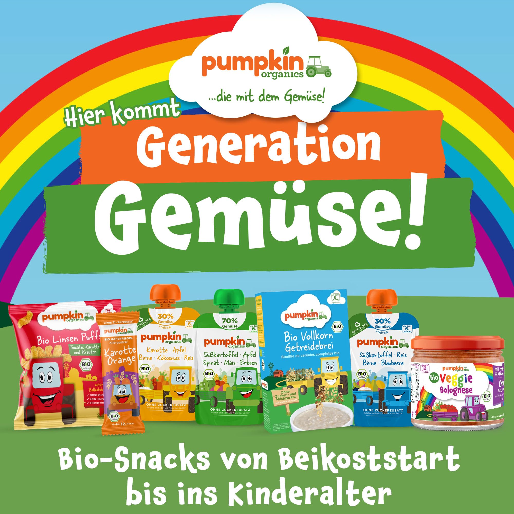 Pumpkin Organics 24er Pack ERSTE LIEBE Bio Gemüse-Quetschies mit 1 Löffelaufsatz - Quetschie ohne Zuckerzusatz¹ - Beikost unterwegs - für Babys ab dem 6. Monat - Kennenlernpaket (24x100g)