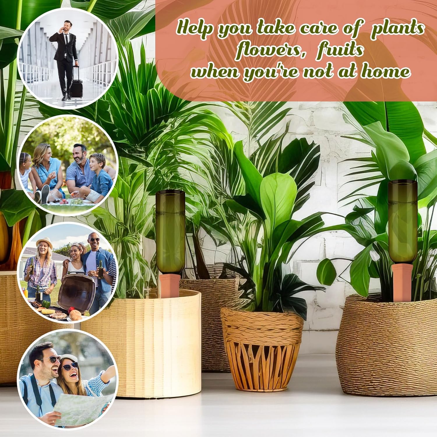 SiliFine 6 Sets Plant Watering Devices Include Terracotta Self Watering Spikes and 26 oz Plastic Bottles, Slow Release Vacation Insert Automatic Plant Waterer Device (Emerald Green and Terracotta)