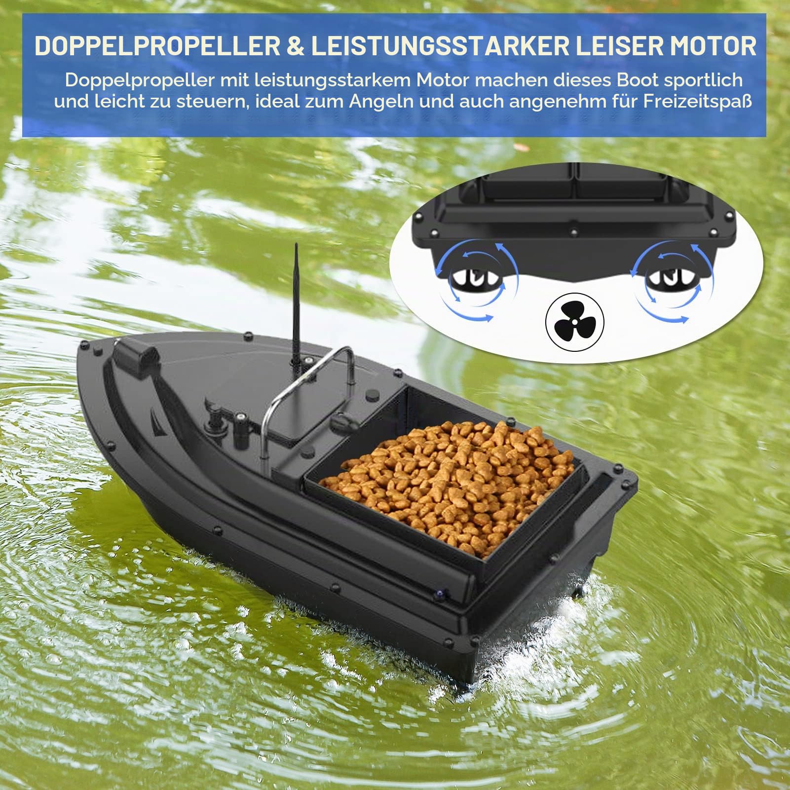 Kavolet 500m Köderboot Angeln Ferngesteuertes Futterboot, GPS Angelköderboot, 2KG Beladung Nachtangeln Köderboot mit großem Köderbehälter Automatisches Köderboot, 10000mAh wiederaufladbare Batterie