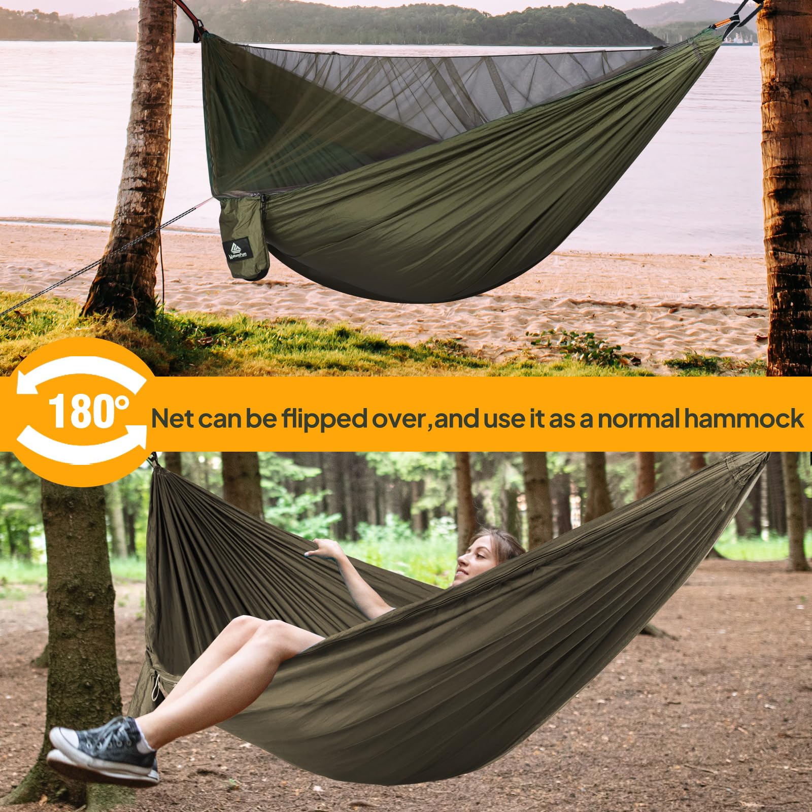 NATUREFUN Amaca da Campeggio da Viaggio | capacità di Carico 300kg,(290 x 140 cm) Traspirante Asciugatura Rapida Nylon da Paracadute | Accessori completi, facili da installare | per Esterno Giardino