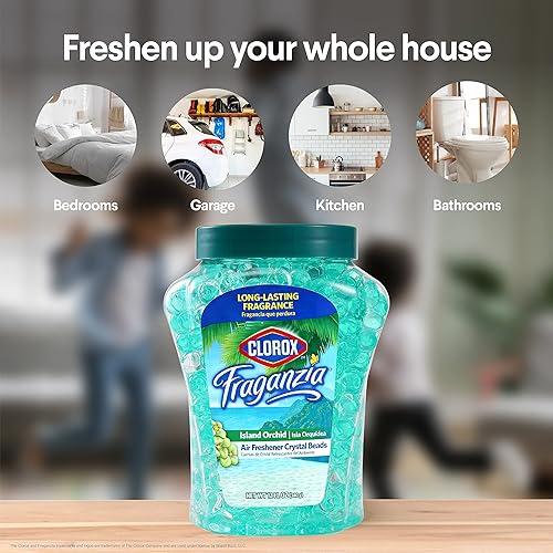 Miniatura 4 de Clorox - Aromatizante de ambiente en perlas de gel cristal Fraganzia, con duradero aroma a Orquídeas Isleñas, para hogar, baño o automóvil, envase