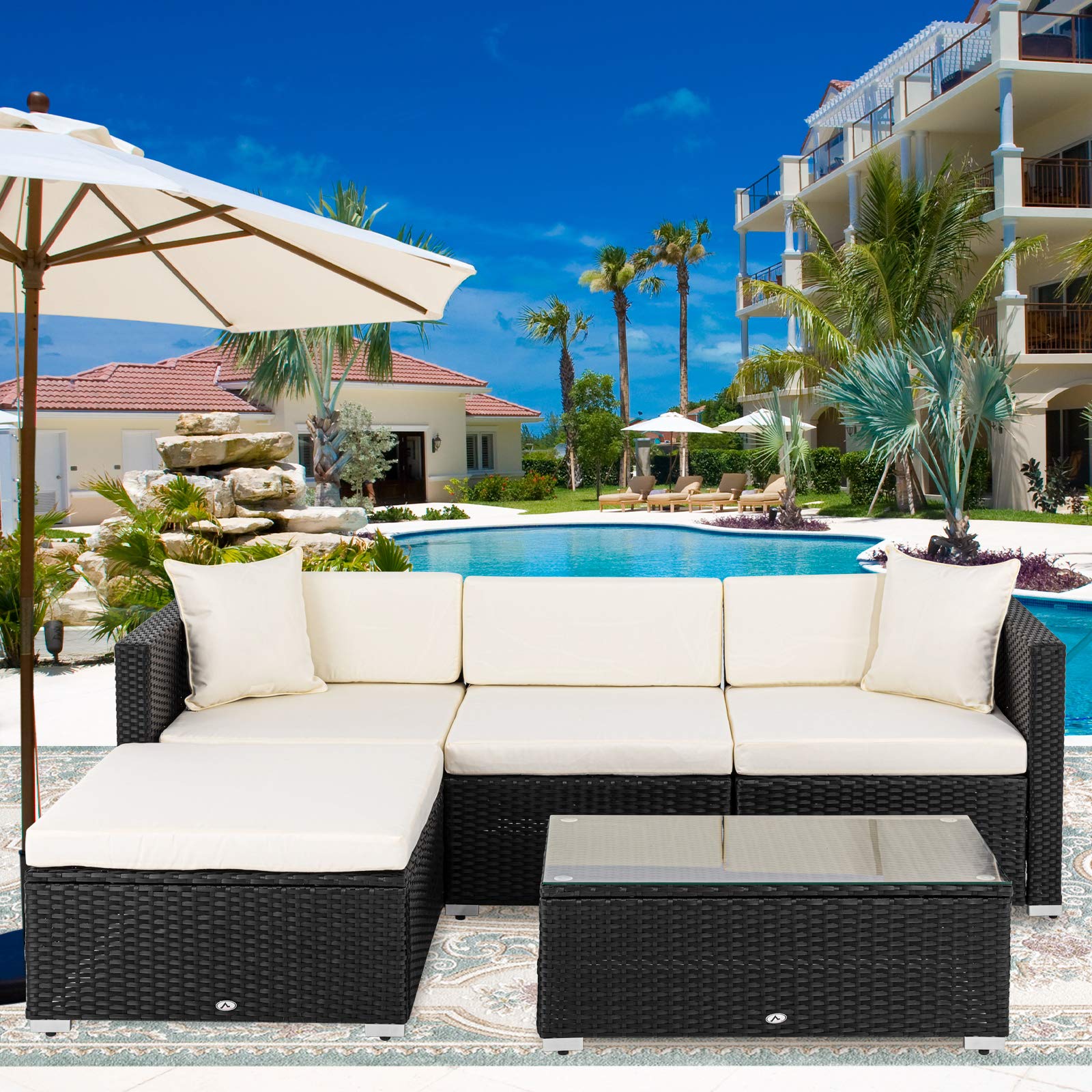 Apepro 5-Piece Outdoor Sectional Sofa Set in beige with coffee table