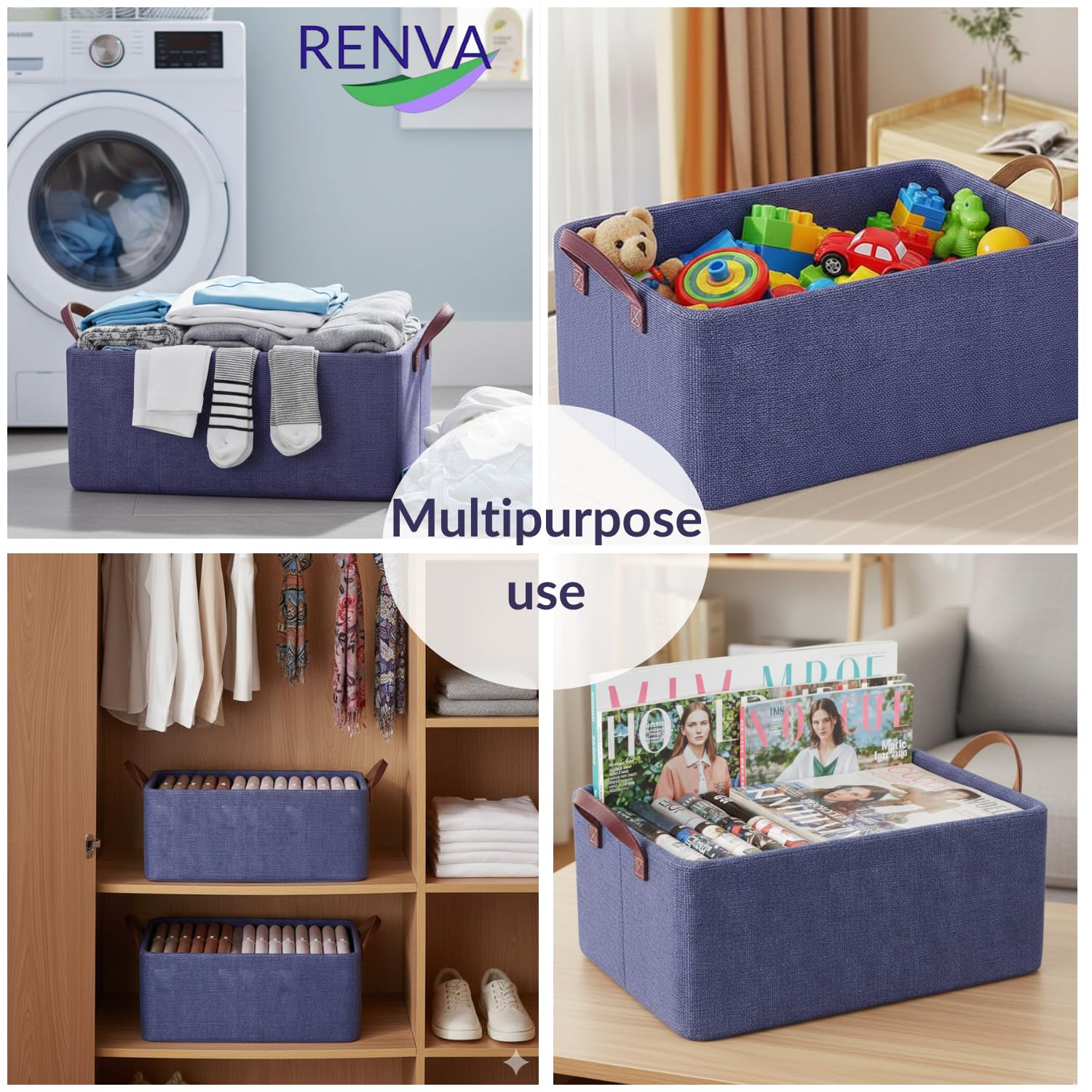 RENVA Faltbare Aufbewahrungswürfel aus Stoff mit Griffen, faltbare Aufbewahrungskörbe zum Organisieren von Spielzeug, Büchern, Regalen, Schrank, große Aufbewahrungsbox mit Griffen, 47 x 28 x 20 cm