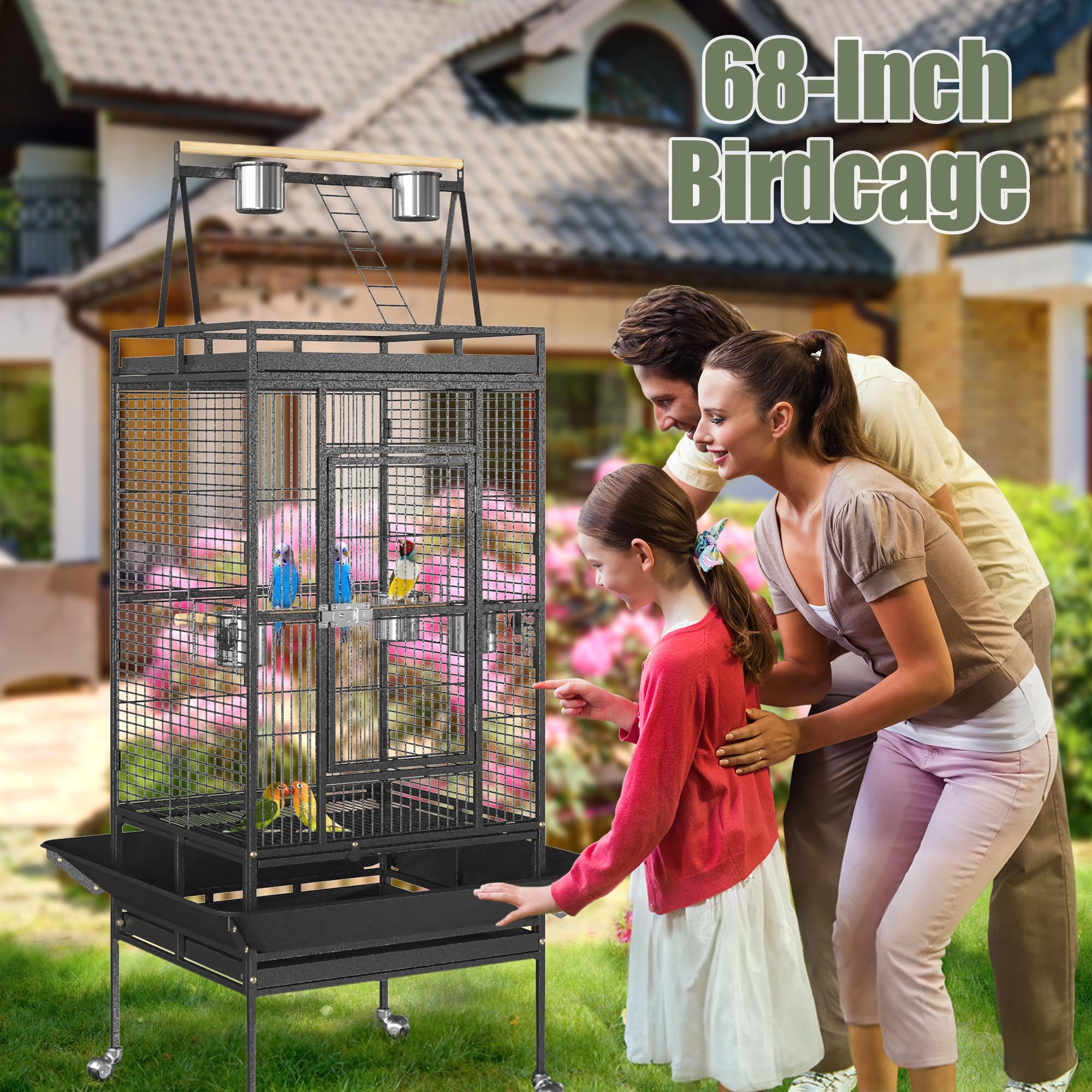 ZENY 68-Inch Birdcage, Playtop Parrot Cage, Wrought Iron Bird Cage with Rolling Stand, Heavy-Duty Pet Bird House for Parrot Cockatiel Cockatoo Parakeet Macaw Finches, Black - image 2