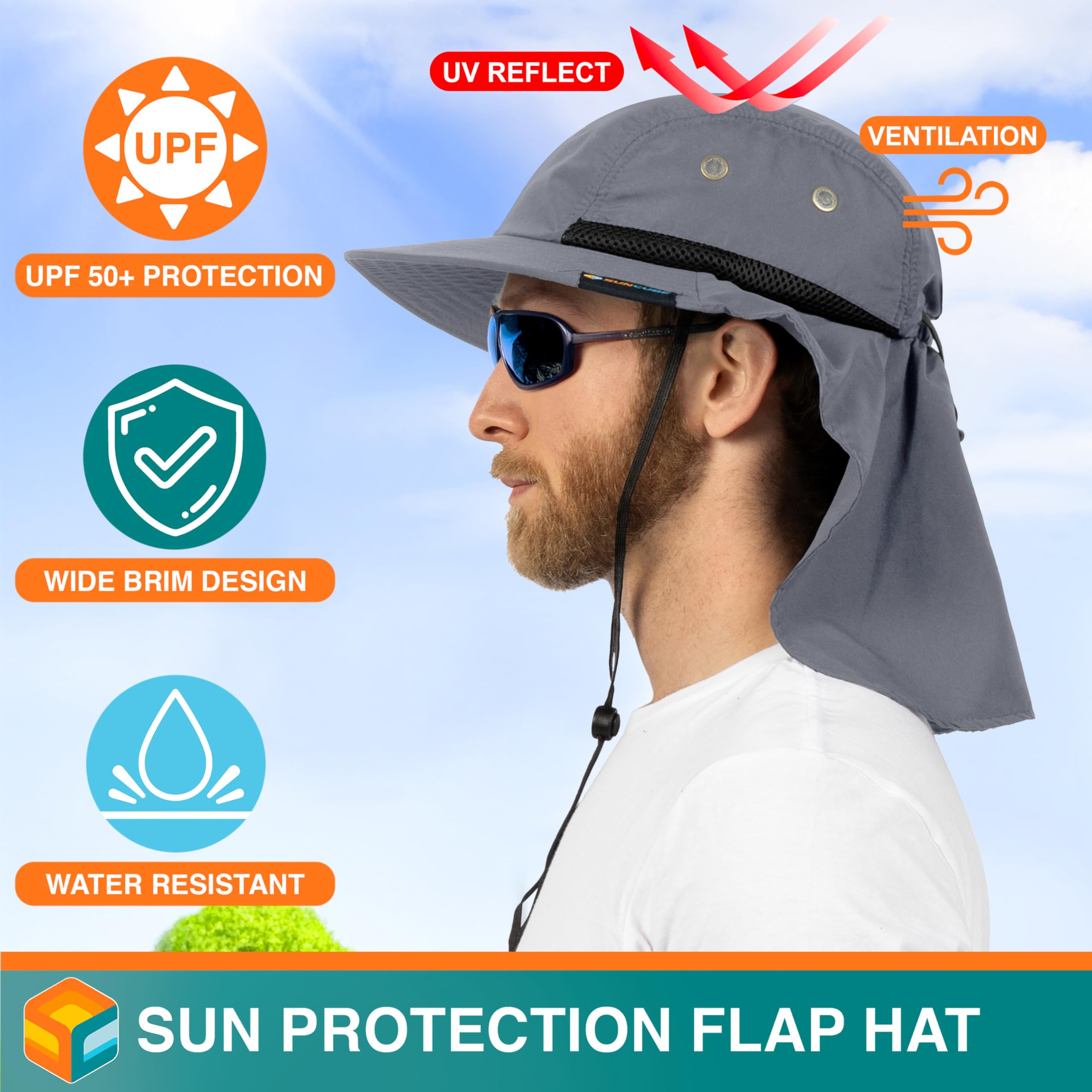 Sun Cube Fishing Sun Hat for Men with Neck Cover Flap, Wide