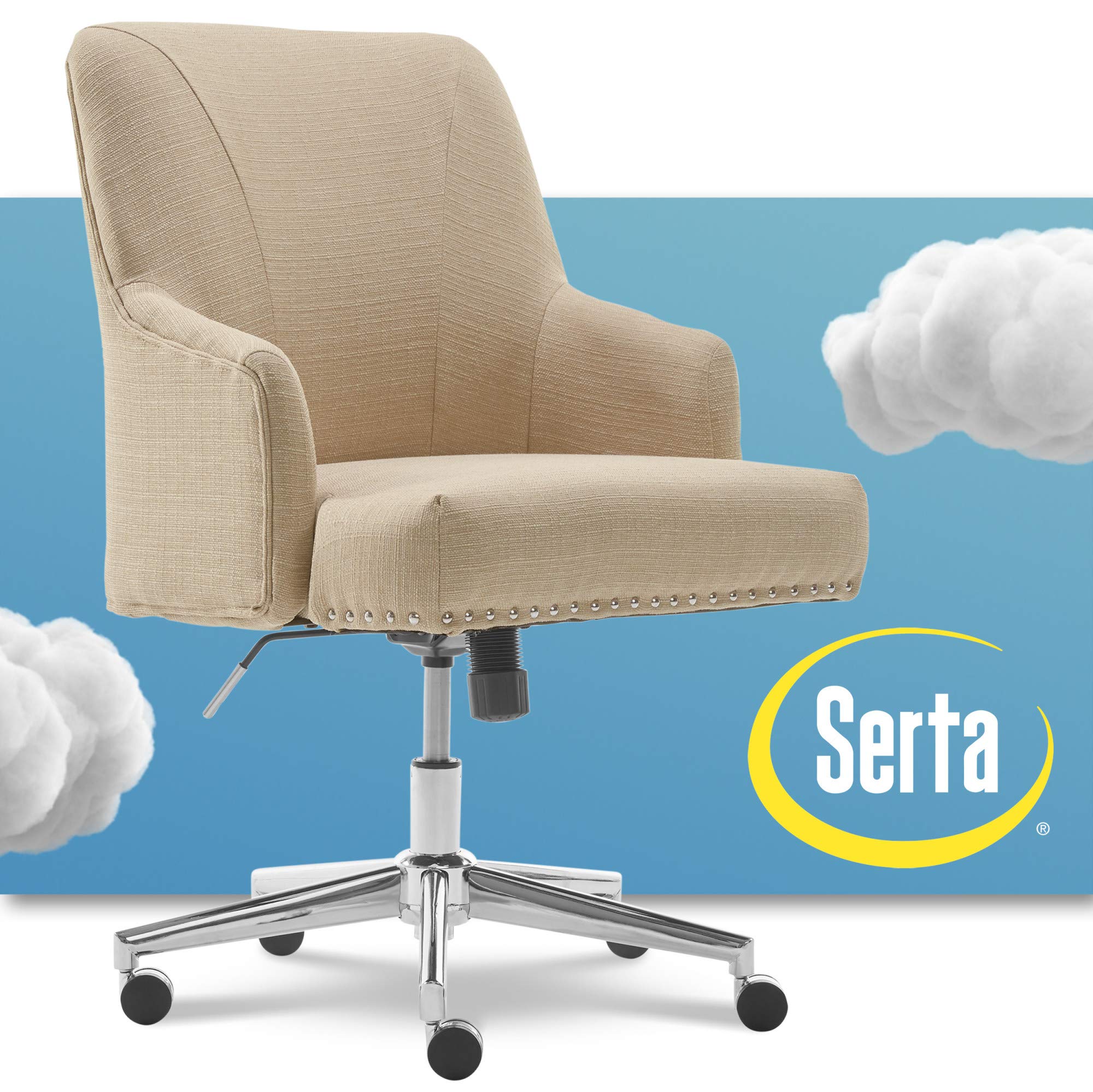 Serta Leighton Home Office Memory Foam, Height-Adjustable Desk Accent Chair with Chrome-Finished Stainless-Steel Base, Twill Fabric, Stoneware Beige