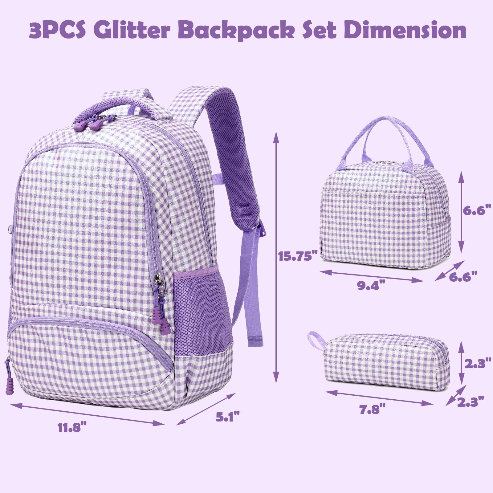 Zaino per ragazze a scacchi glitterati, 3 in 1, a scacchi, viola, con borsa per il pranzo, astuccio e cinturino toracico, per scuola materna e elementare