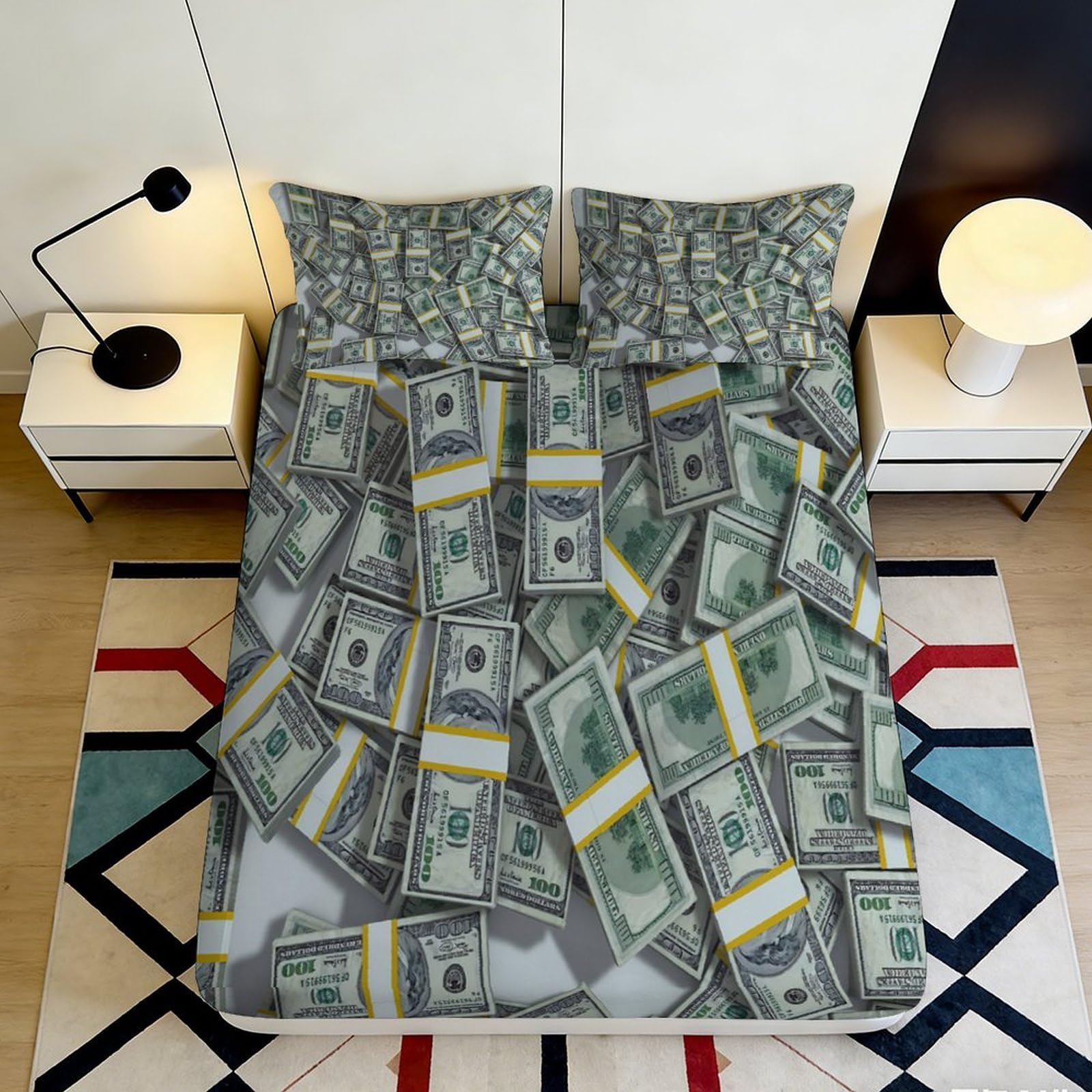 3D Printed Money Stack Fitted Sheet Microfiber Soft Anti-Slip Dollar Bundle Bed Cover for Bedroom Dorm Decor 90x200x25cm