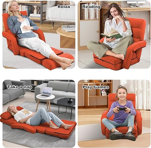 Miniatura 7 de Silla de Piso Interior con Reposabrazos y Almohada Silla Reclinable Plegable Chaise Lounge Sofá de 14 Posiciones Ajustable Cómoda para Gaming