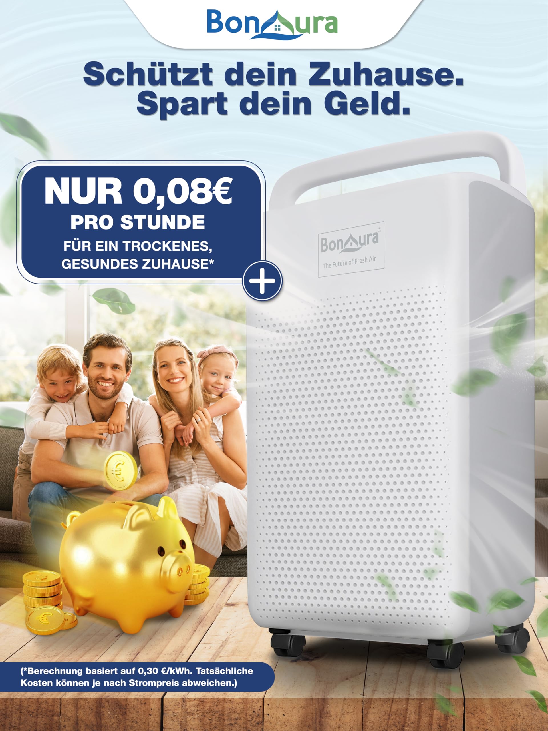 BonAura Elektryczny osuszacz powietrza 10 l – elektryczny i cichy (36 dB) z wyświetlaczem LED, timerem, trybem samochodowym, wężem drenażowym – osuszacz powietrza w piwnicy i pomieszczeniach do 40 m³