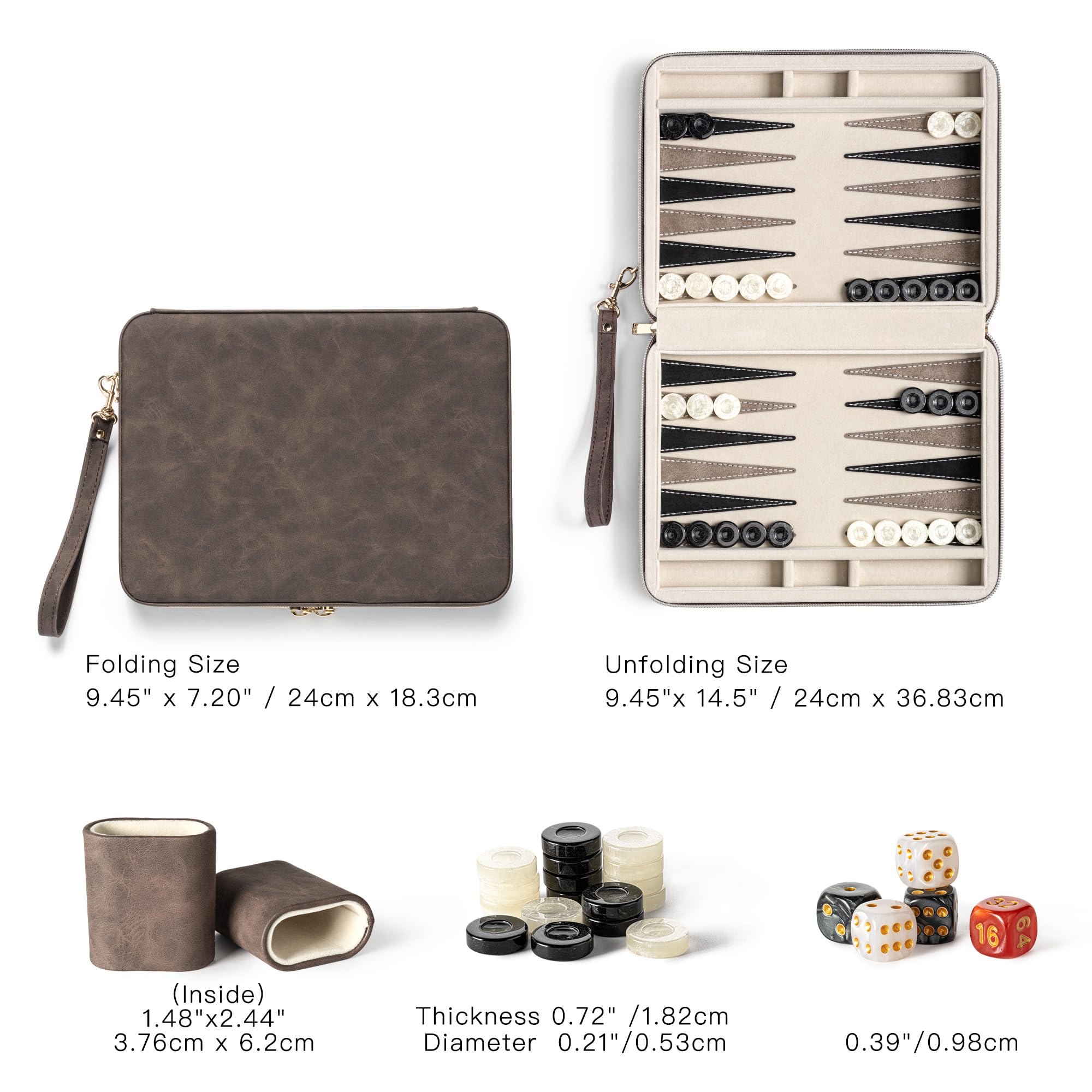 Set da backgammon da 23,9 cm per adulti, classico gioco da tavolo con custodia pieghevole in ecopelle, set da viaggio portatile da backgammon (marrone)