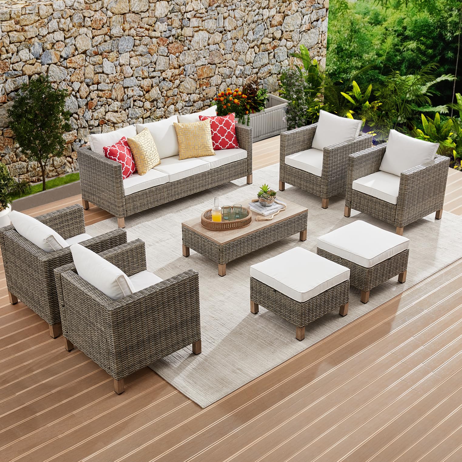 Summax 8 Pieces Patio Furniture Sets with Metal Top Coffee Table, All Weather Wicker Rattan Sectional Sofa Outdoor Furniture Conversation Set for