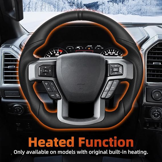 Full Leather Steering Wheel, Perforated Leather Grip D-shaped Steering Wheel With Heated Fit For F150 2015-2020 (No Paddle Version)