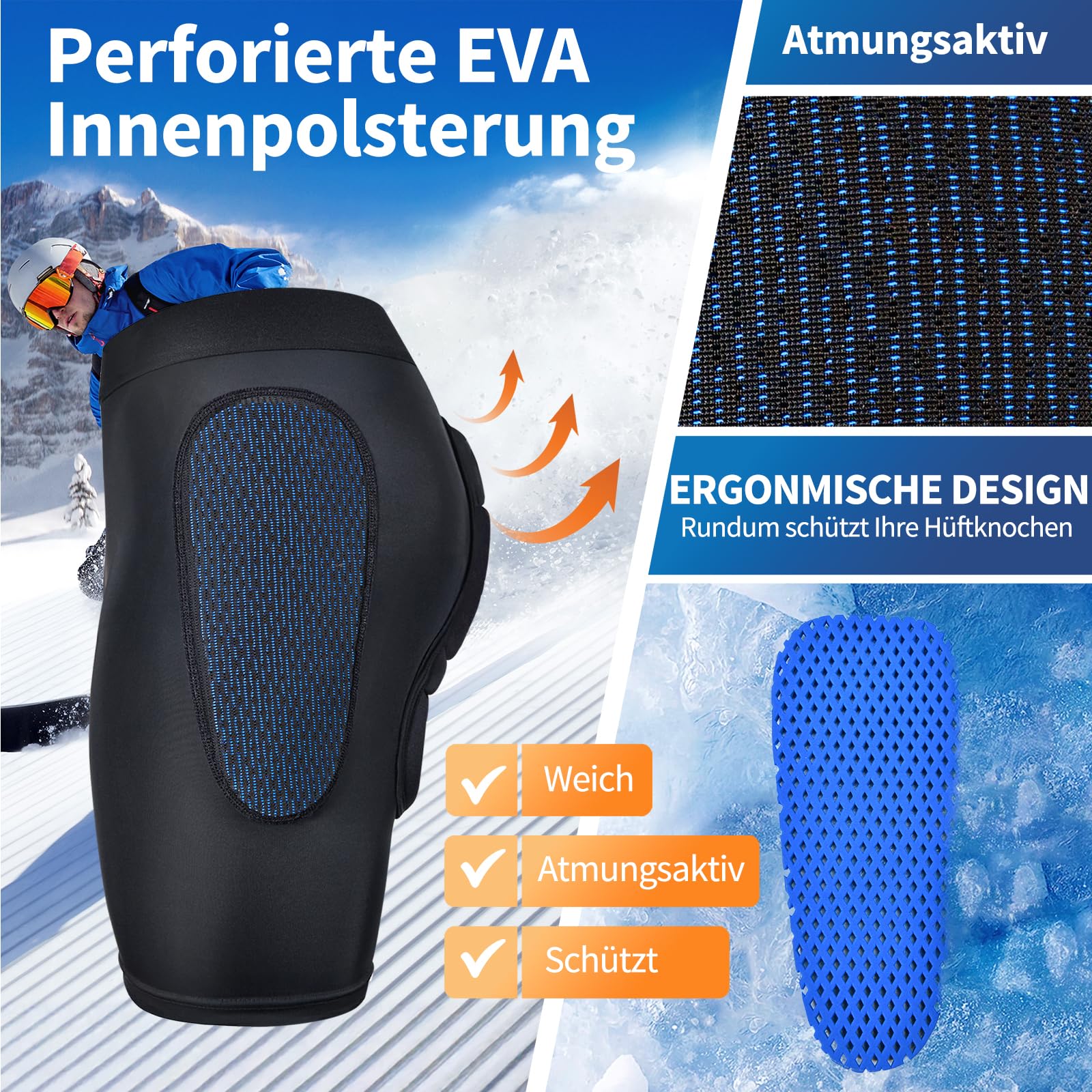 BenKen Sportschutzshorts, 3D Eva Protection Butt Pad, Anti-Kollision-Ski-Schutzausrüstung für Damen und Herren, Schutz Gepolsterte Schlagfeste Shorts für Snowboard, Skating, Rollschuhlaufen