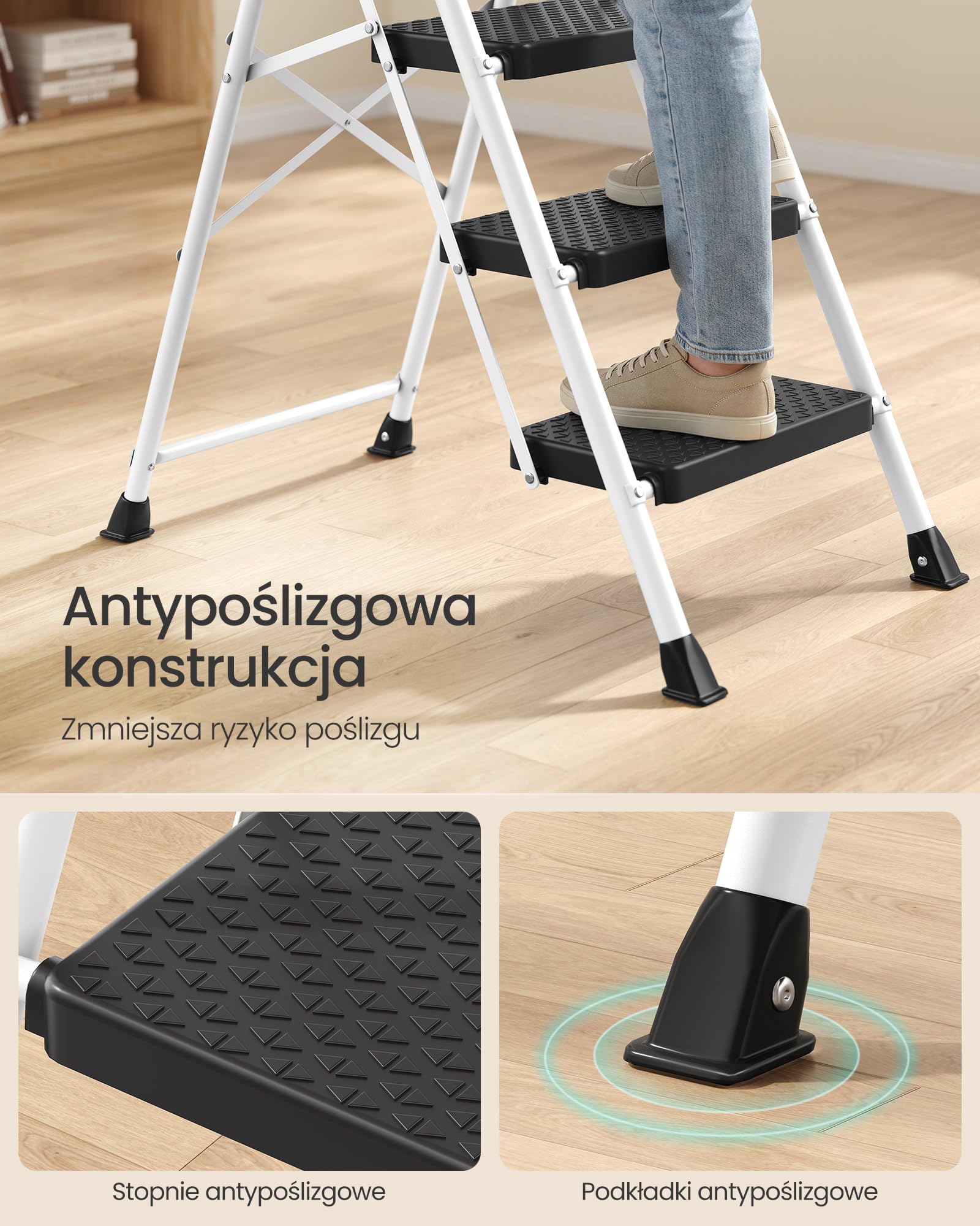 SONGMICS Drabina Składana, Stalowa, Nośność 150 kg, 161 x 45,5 x 7,5 cm | Drabina Domowa z Antypoślizgowymi Stopniami, Certyfikat GS, do Domu i Biura, Czarna, Kolekcja BRODY GSL204WZ01