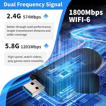 WiFi 6 USB Adapter for PC, AX1800 Dual Band 2.4GHz/5GHz USB 3.0 Wireless Network Adapter with Built-in Antenna, for Desktop & Laptop, Supports Windows 10/11