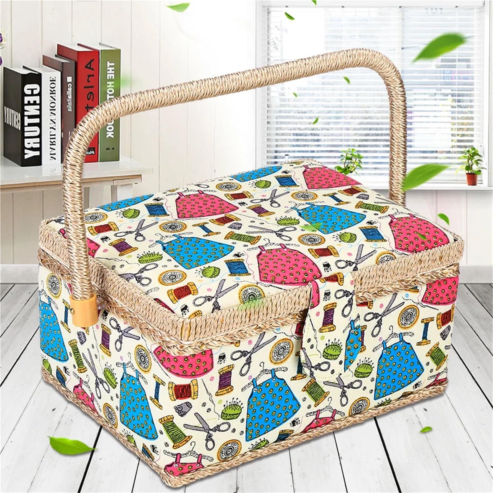 Cesta de costura grande, cesta vintage for agujas, hilo, cinta métrica y otros suministros, caja almacenamiento Para Hogar(StyleA)