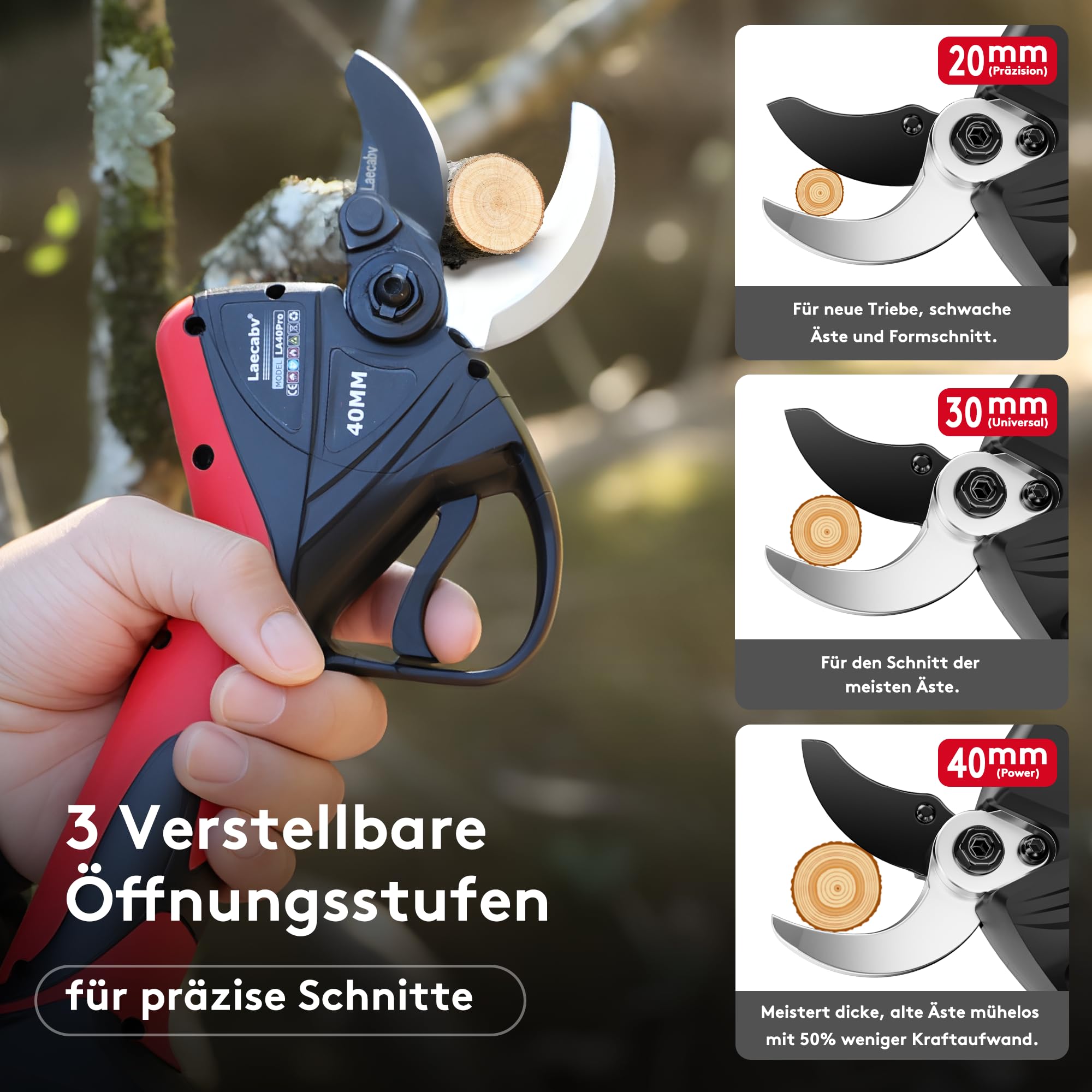 Laecabv LA40Pro Professionelle elektrische Gartenschere, 40 mm, progressiver Schnitt, 2 x 4,0 Ah Batterien (12 Std), 2 Jahre Garantie für den Körper, Bund und LCD-Display für Olivenbäume und Reben