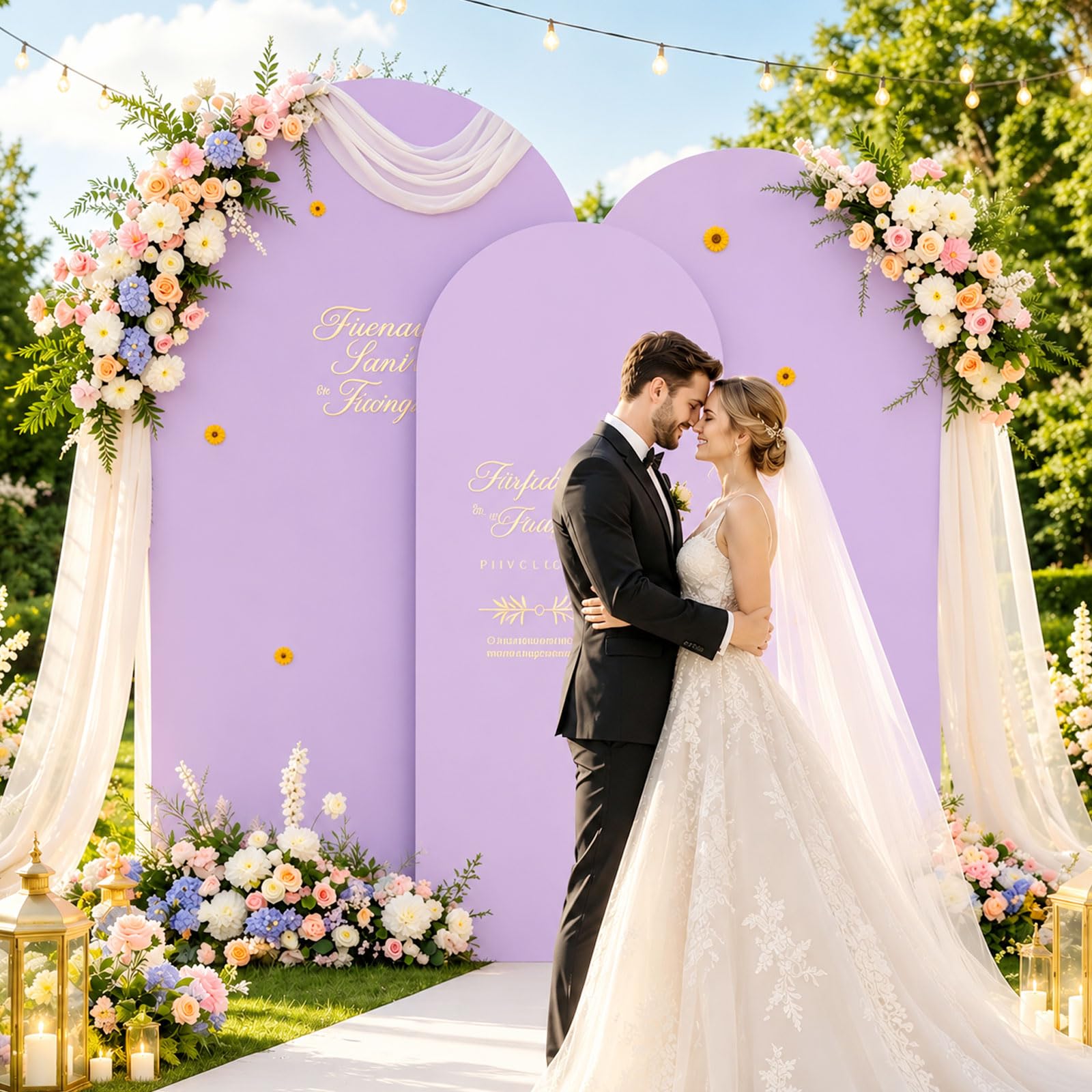 Toile de fond double face avec dessus rond, fond photo pour mariage, anniversaire, cérémonie, fête et banquet (violet, lot de 3)
