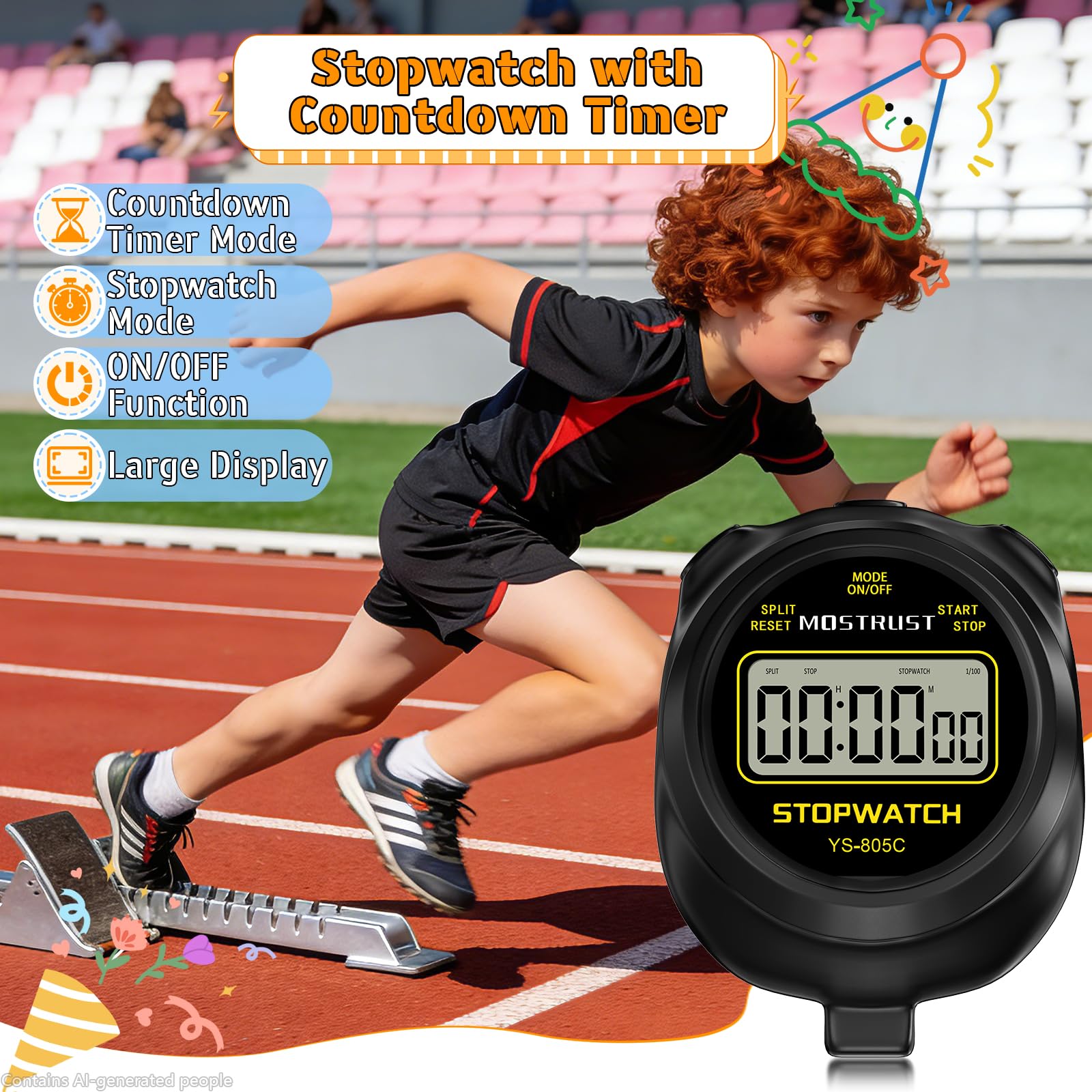 Cronometro digitale semplice, cronometro con memoria singola, timer conto alla rovescia, on/off, batteria AAA (inclusa), adatto ai bambini, per studenti, allenatori (nero)