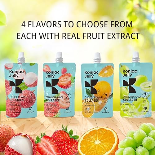 Miniatura 8 de Hethstia Konjac Jelly - Péptidos de colágeno de varios sabores  Lichi, uva verde, fresa y naranja  Bajo en calorías, sin azúcar, keto, sin gluten,