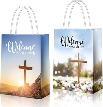 YHNTGB 16Pcs Church Welcome Bags with Handles Religious Gift Handbag for Guest Baptism Bulk Hotel Birthday Theme Party Supplies 5.9 X 3.15 X 8.27inch 2 Types Kraft Paper