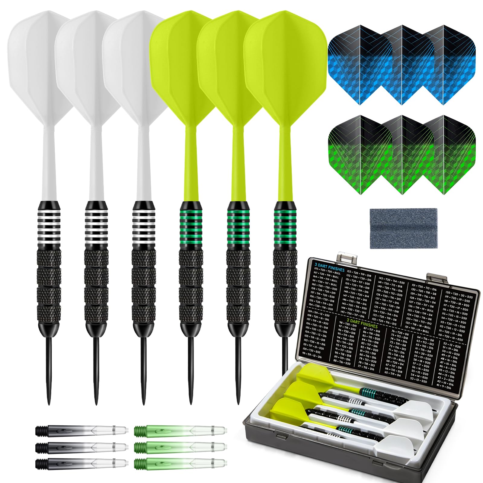 HUANQU 6 Pack Steel Tip Darts,Professional 24 Grams Metal Dart Set，6 Extra Flights & Shafts, Dart Sharpener, Dart Storage Box, Integrated Dart Flights and Shafts ，Beginner or Professional Darts