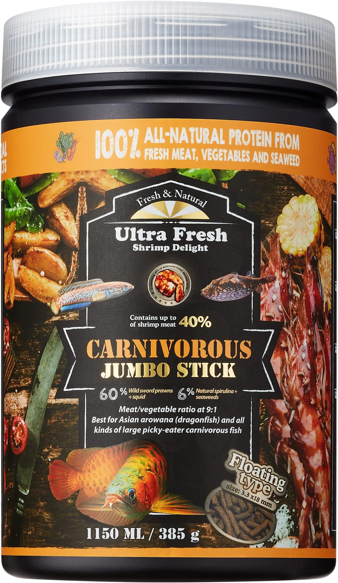 Ultra Fresh Monster Fish Food, Wild Sword Prawns, Floating Sticks for Oscars, Bass, Large Cichlids and Tropical Fish, Carnivorous Jumbo Stick 13.58 oz