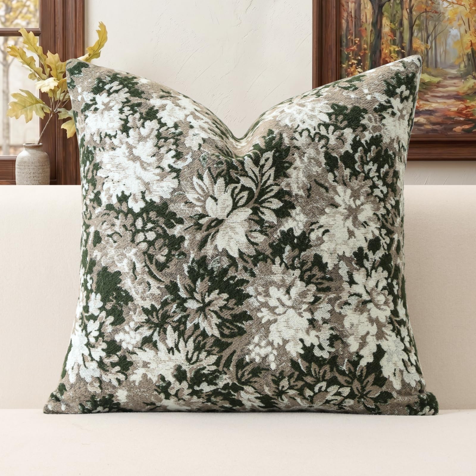 Artscope Set of 1 Neutral Floral Cushion Cover 50x50cm, Vintage Chenille Square Throw Pillow Cover Soft Decorative Farmhouse Accent Couch Pillow Cover for Living Room Bedroom Green